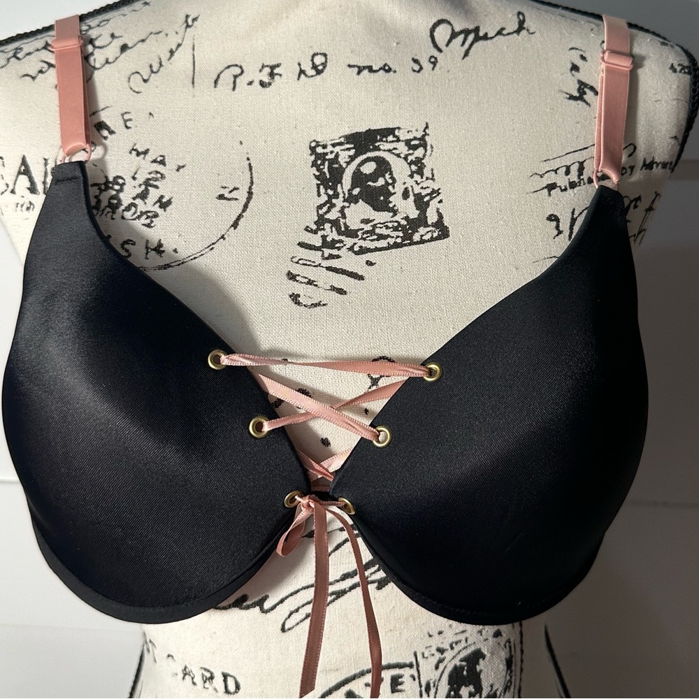 Youmita Black Push-Up Bra Size 38C Pink Accents Sexy Lingerie Underwire